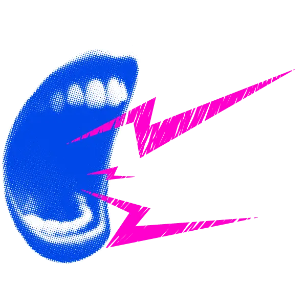 Bocca blu in stile pop che urla ed emette fulmini fucsia