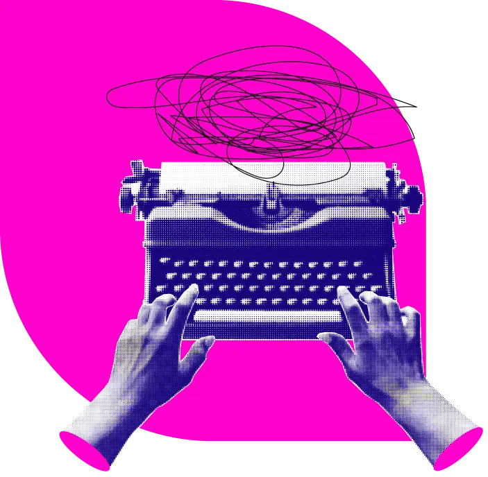 Macchina da scrivere in stile pop, con due mani che scrivono e sopra il foglio di carta degli scarabocchi a penna indicanti un risultato discutibile