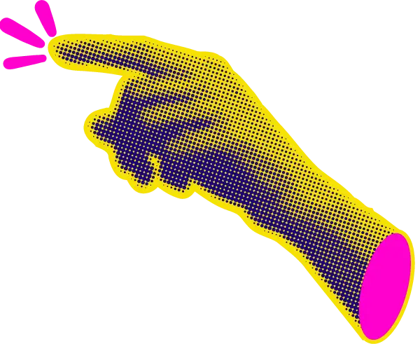 Mano in stile pop gialla, blu e fucsia che clicca su qualcosa nell'aria