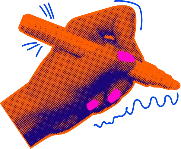 Mano arancione con unghie fucsia fluo che scrive con un penarellone. Tutto in stile pop