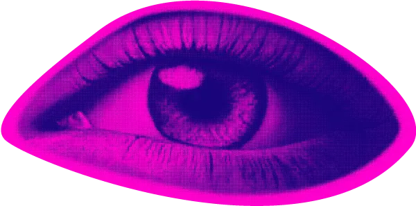 Occhio allegro in stile pop con colori fucsia e blu