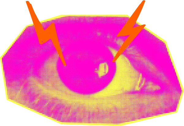 Occhio giallo fucsia in stile pop che spara fulmini arancioni