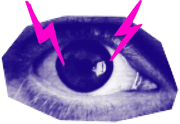 Occhio bianco blu in stile pop che spara fulmini fucsia